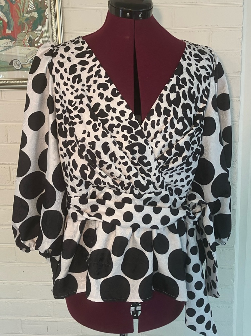 Alberto Makali Black and White Polka & Leopard Wrap Peplum Blouse